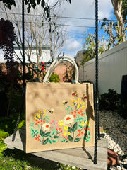 Hand Embroidered Burlap Bag, Cute Market Bag, Eco Friendly Beach Bag, Aesthetic Bag, Handmade Tote Bag - S003