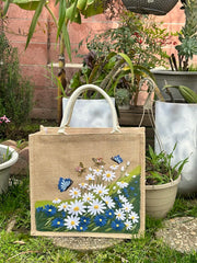 Hand Embroidered Burlap Bag, Cute Market Bag, Eco Friendly Beach Bag, Aesthetic Bag, Handmade Tote Bag - S002