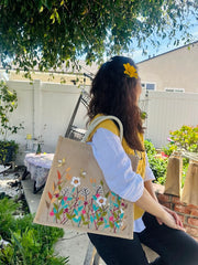 Flower Garden Jute Bag, Hand Embroidered Burlap Bag, Cute Market Bag, Eco Friendly Beach Bag, Aesthetic Bag, Handmade Tote Bag - S001